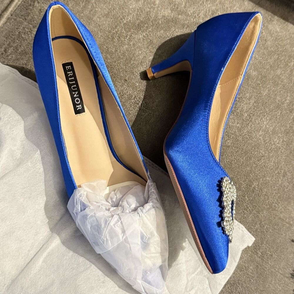 ERIJUNOR Women's Blue Low Heel Rhinestone Brooch Pumps New Size 8 - Picture 9 of 13